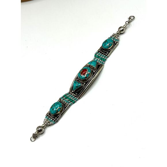 Turquoise & Coral Tibetan Silver Bracelet and Turquoise Earrings Set - Picture 2 of 6